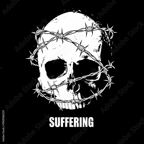 A stark skull illustration bound with barbed wire conveying a sense of suffering
