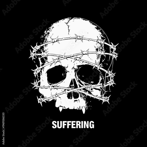 A stark white skull entwined with barbed wire against a black background