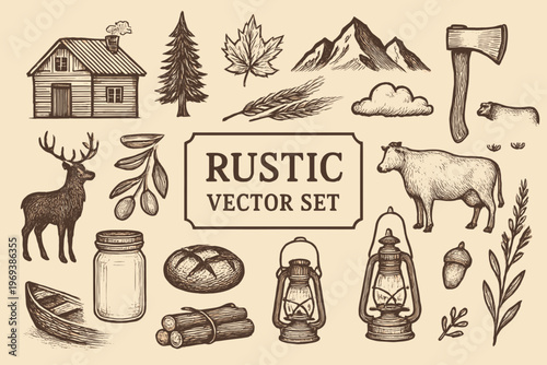 Rustic cabin, deer, mountains illustration ideal for branding. Suitable for adventure, outdoor, wildernessthemed designs, creating a rustic aesthetic.