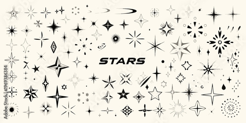 Collection of various black star shapes and sparkles on a cream background