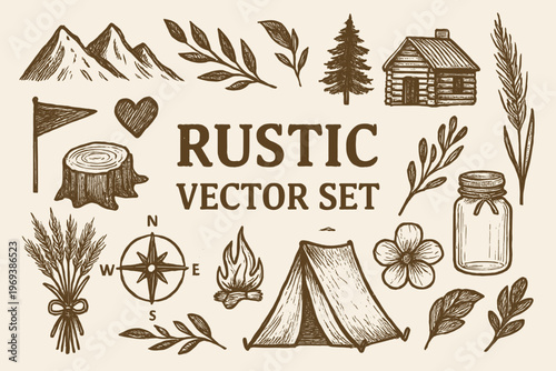 Set vector logo set offers rustic outdoor themed design elements. Ideal for outdoor adventure companies looking for a unique logo design.