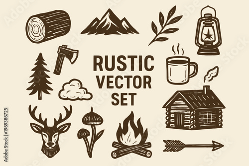 Set with rustic camping themes perfect for outdoor recreation businesses, summer camps, or adventure blogs. Versatile and high quality.