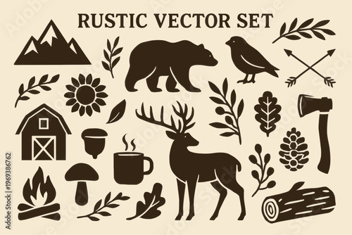 Set rustic nature and camping elements in charming design collection. Ideal for outdoor adventure branding, campingthemed materials, and natureinspired projects.