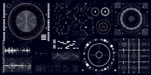 Abstract digital interface with circular elements waveforms and data displays