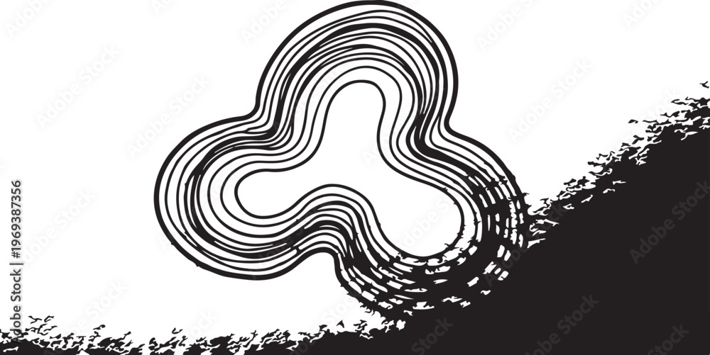 Fototapeta premium Abstract organic line art vector, black and white concentric swirl shape, minimalist hand-drawn ink texture, modern fluid graphic element for logo design