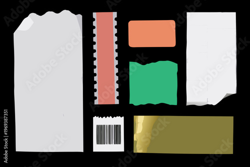 Assorted torn and taped paper pieces arranged against a black background
