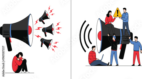Loud Noise and Public Warning Illustration Featuring Megaphone Sound Disturbance, People Stress Reaction, and Awareness Communication Concept in Flat Cartoon Style