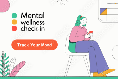 Illustration promoting mental wellness with a woman checking her mood on a phone