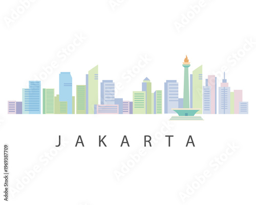 Minimalist Jakarta Skyline Vector with Monas Landmark — pastel cityscape illustration, flat design, Indonesia capital skyline, clean background