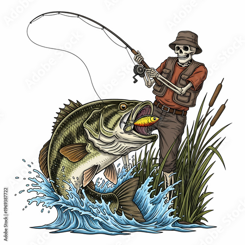 Skeleton fisherman catching largemouth bass with lure in water vintage woodcut style illustration