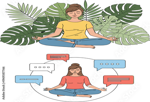 Meditation and Mindfulness Illustration Set Featuring Women Practicing Yoga, Relaxation, and Mental Wellness with Nature Elements and Communication Balance Concept