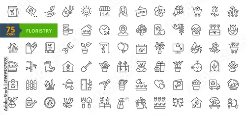 Floristry - minimal thin line web icon set. Outline icons collection. The set contains images of flower shop, bouquet, delivery, indoor plants, flowers, growing, watering and more
