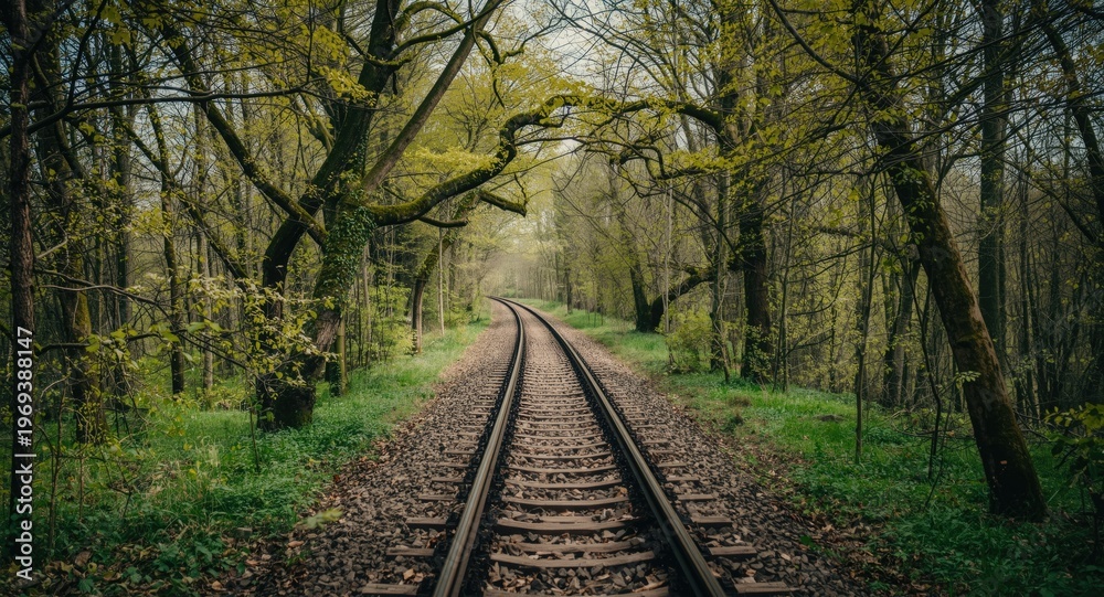 Fototapeta premium Railway line cutting through a vibrant spring forest with abundant leafy tree arches