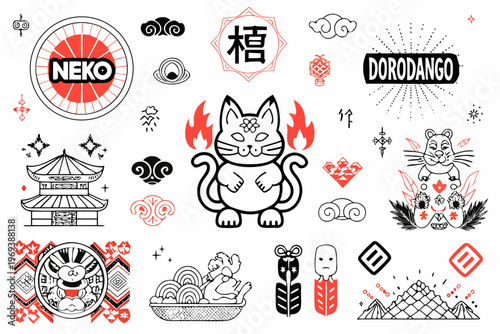 Japanese themed doodle collection featuring a maneki neko and traditional motifs