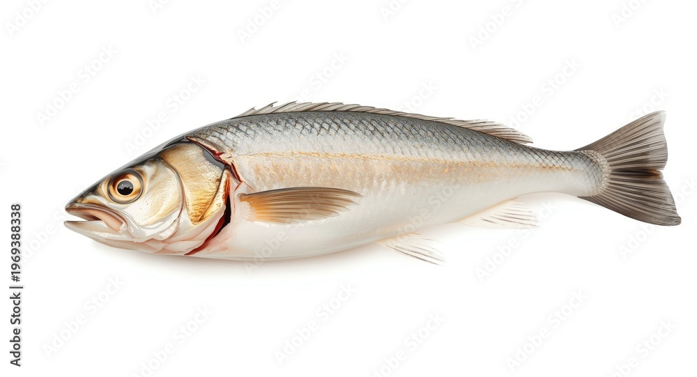 Fototapeta premium Traditional Japanese raw fish and chopsticks isolated on white