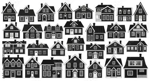 Collection of Diverse Architectural House Styles in Black and White.