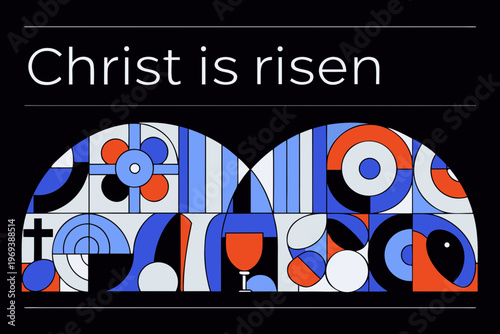 Abstract stained glass design with the phrase christ is risen
