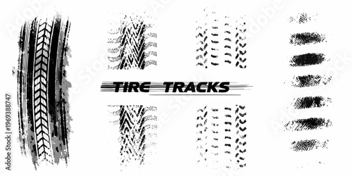Various tire track impressions displayed in a monochrome vector illustration