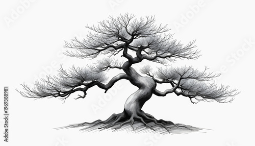 Vector sketch of a bonsai tree, black and white fine line art, delicate branches, asymmetrical composition, high detail