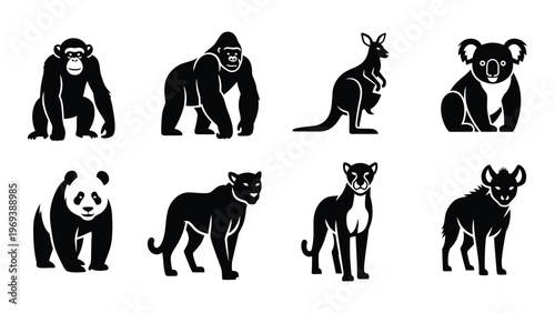 A collection of eight animal silhouettes including a gorilla kangaroo koala panda and various wildcats silhouette high quality professional detailed modern