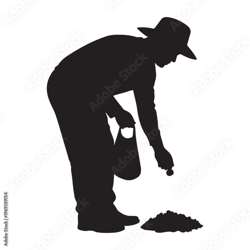 Man planting seeds in soil silhouette, Gardener sowing seeds