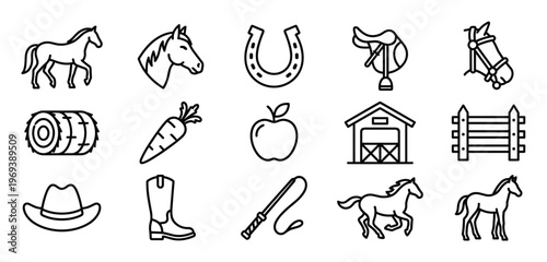 Collection of black outline equestrian icons featuring horses, riding gear, and farm elements on a clean white surface