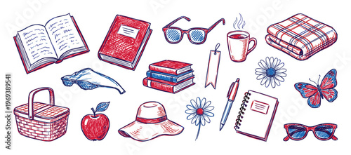 Collection of hand-drawn red and blue sketch illustrations of various summer and picnic items, including books, sunglasses, and flowers