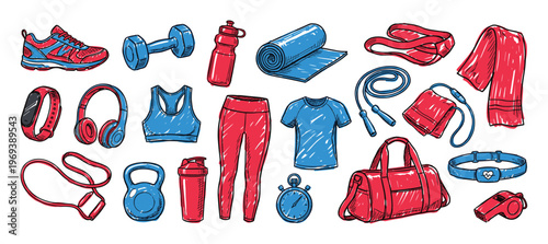 Vibrant collection of hand-drawn fitness and gym equipment in red and blue, featuring sneakers, weights, and apparel