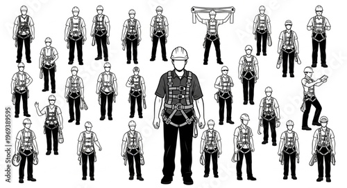 Collection of diverse individuals wearing safety harnesses for work.