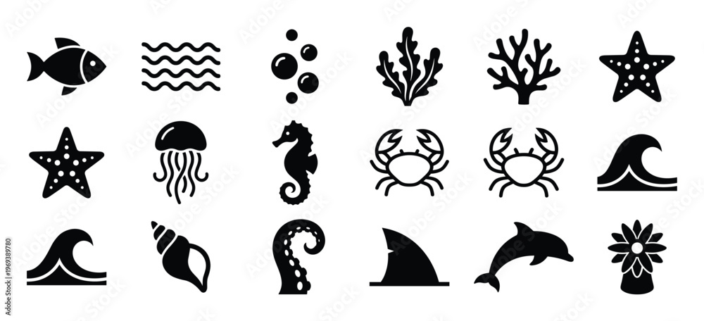 Fototapeta premium Collection of various simple black silhouette marine life and ocean-related icons arranged neatly in rows