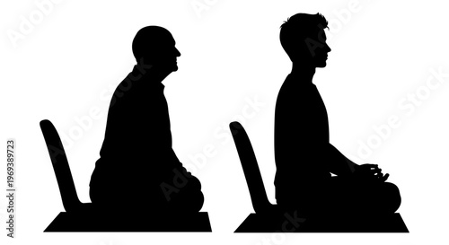 Two individuals sitting in contemplation on opposite chairs in silhouette form. Vector, illustration