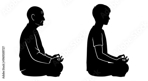 Comparison of meditation postures between an older and a younger person Vector, illustration