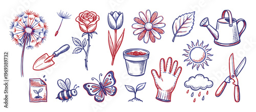 Collection of hand-drawn gardening elements in red and blue sketch style, including flowers, tools, and insects, arranged neatly