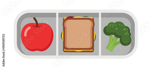 Healthy and balanced packed lunch box with sandwich, fresh apple, and broccoli florets