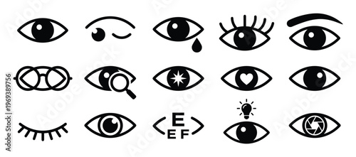 Collection of black and white eye icons representing various concepts like vision, sight, and perception