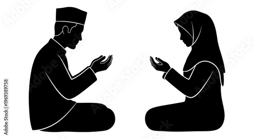 A man and woman engaged in prayer together in a serene moment. Vector, illustration
