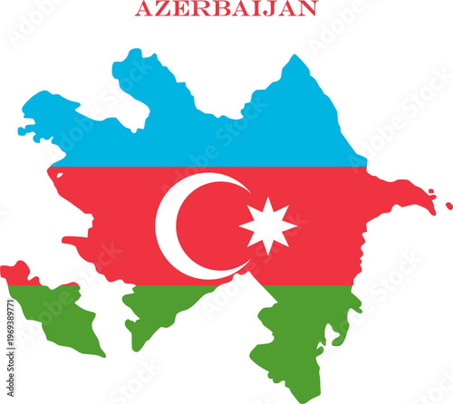 Azerbaijan Map Flag National Vector Outline with Crescent Star