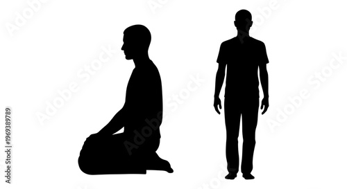 Silhouette contrast of kneeling and standing human figures in minimalist style Vector, illustration