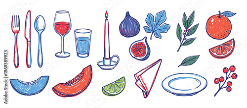 Various hand-drawn kitchen and food items, including cutlery, drinks, fruits, and a candle, in a vibrant sketch style