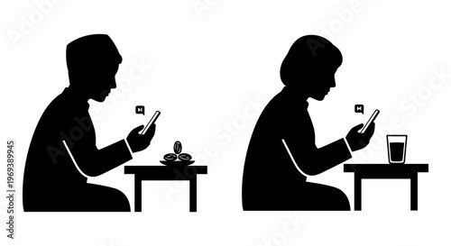 Two individuals engrossed in their smartphones during a meal together Vector, illustration