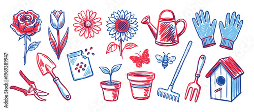 Various hand-drawn gardening tools and elements, including flowers, a watering can, gloves, and a birdhouse, are depicted in a playful, colorful sketch style