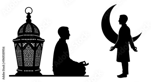 Silhouette of meditation and crescent moon with traditional lantern Vector, illustration