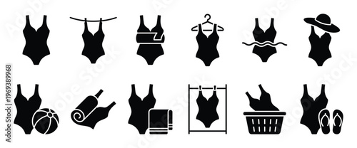 Collection of black swimsuit icons depicting various activities and accessories related to swimming and beachwear