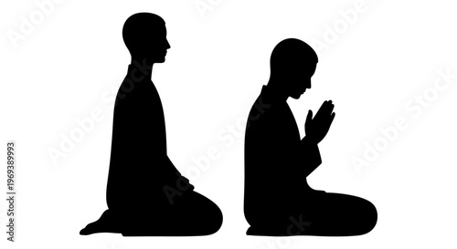 Silhouettes of two individuals in positions of prayer and contemplation. Vector, illustration