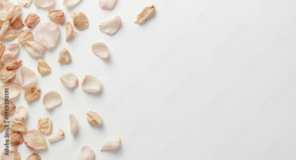 Obraz premium White textured backdrop with scattered dried rose petals under gentle shadow and copy space