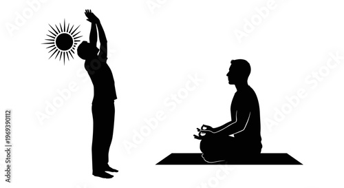 Yoga poses showcasing sun salutation and meditation stance Vector, illustration