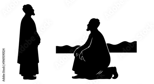 Silhouette of a standing figure and a kneeling person in a contemplative pose Vector, illustration