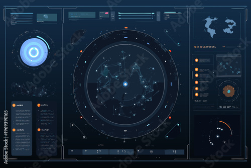 Futuristic interface displaying complex data visualizations and network connections