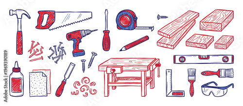 Collection of hand-drawn red and blue woodworking tools and materials, including a hammer, saw, drill, and wood planks
