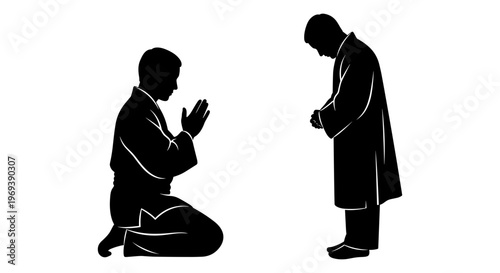 Two figures in prayer positions depicted in silhouette Vector, illustration